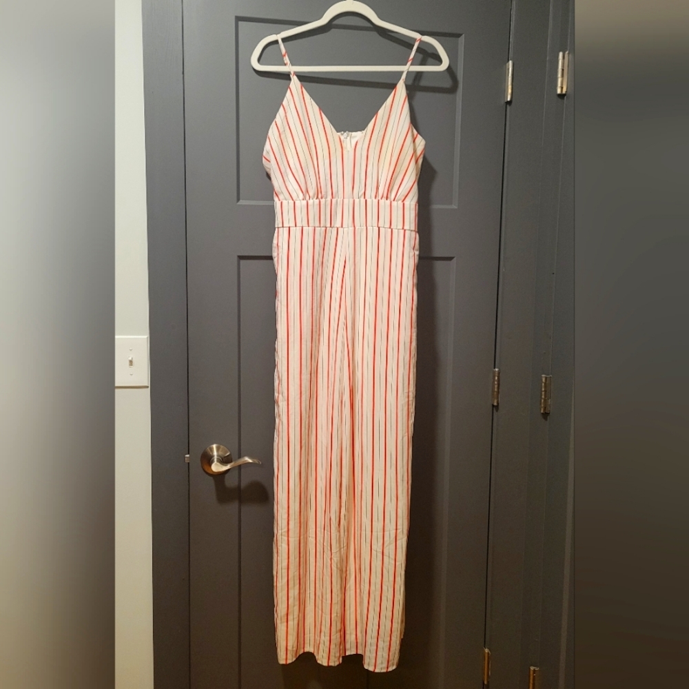Red and white vertical stripe jumpsuit
